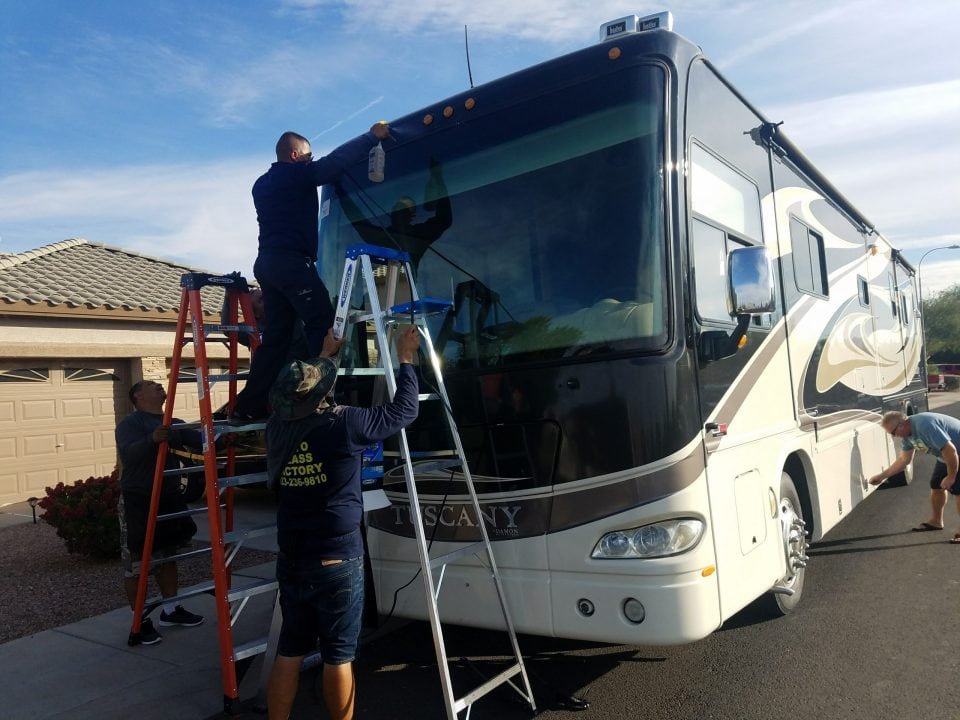 Auto Glass Factory Replacing Windshield on a RV
